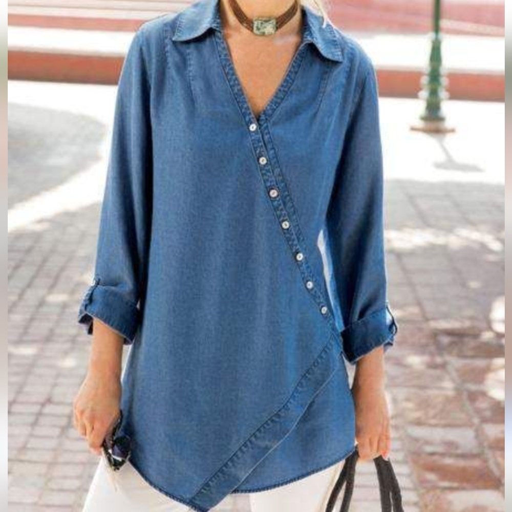 Soft Surroundings PXS Tunic Top Crossover Front Wrap Button Up 100% Tencel Blue